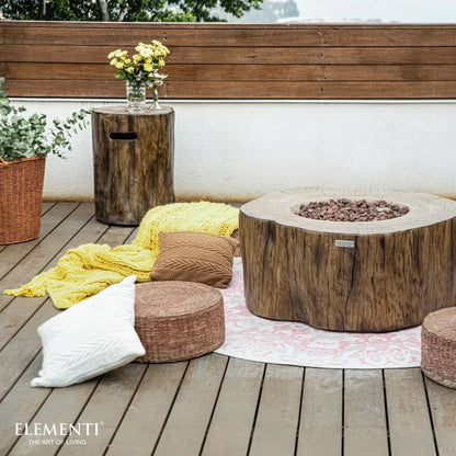 Rustic wooden Elementi Manchester fire table with circular top natural wood grain finish 13.2 kW outdoor fire pit
