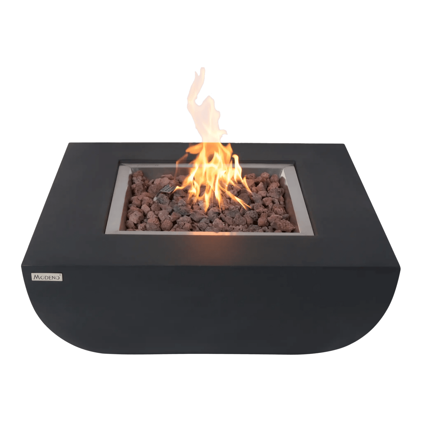 Black macdeno outdoor fire pit Elementi Modeno Aurora Fire Table with rectangular flame recess and dark gray lava rocks