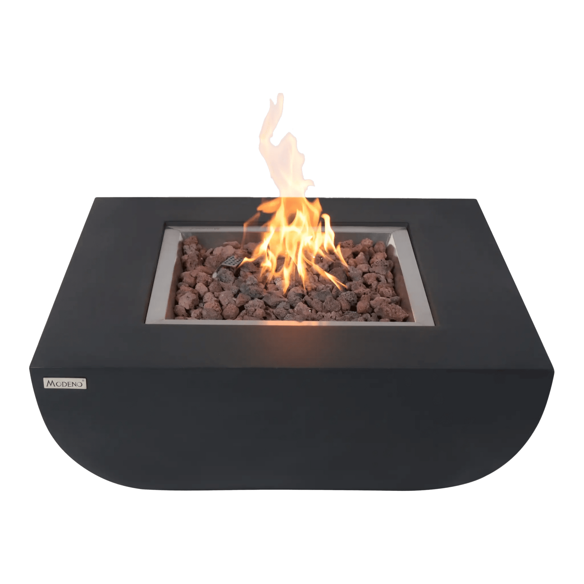 Black macdeno outdoor fire pit Elementi Modeno Aurora Fire Table with rectangular flame recess and dark gray lava rocks