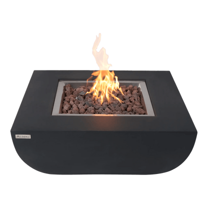 Black macdeno outdoor fire pit Elementi Modeno Aurora Fire Table with rectangular flame recess and dark gray lava rocks