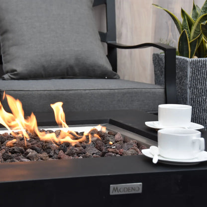 Elementi modeno aurora fire table black rectangular fire pit with glowing flames and silver mcden brand plaque