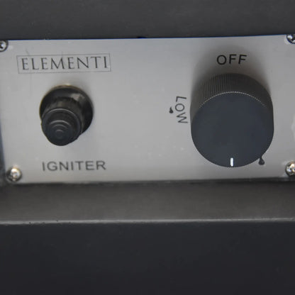 Silver control panel with black ignition button and rotary dial marked off and low on elementi modeno aurora fire table