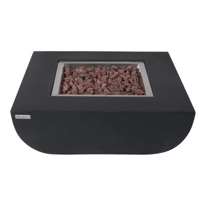 Elementi modeno aurora fire table black fire pit with rectangular opening and reddish-brown lava rocks 14.7 kw