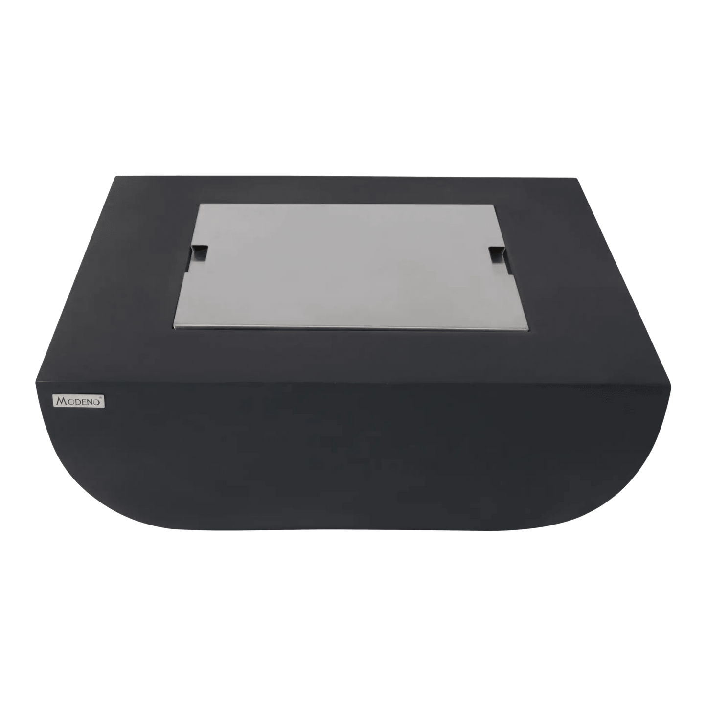 Black macdeno brand rectangular fire pit with silver metallic lid Elementi Modeno Aurora Fire Table 14.7 kW