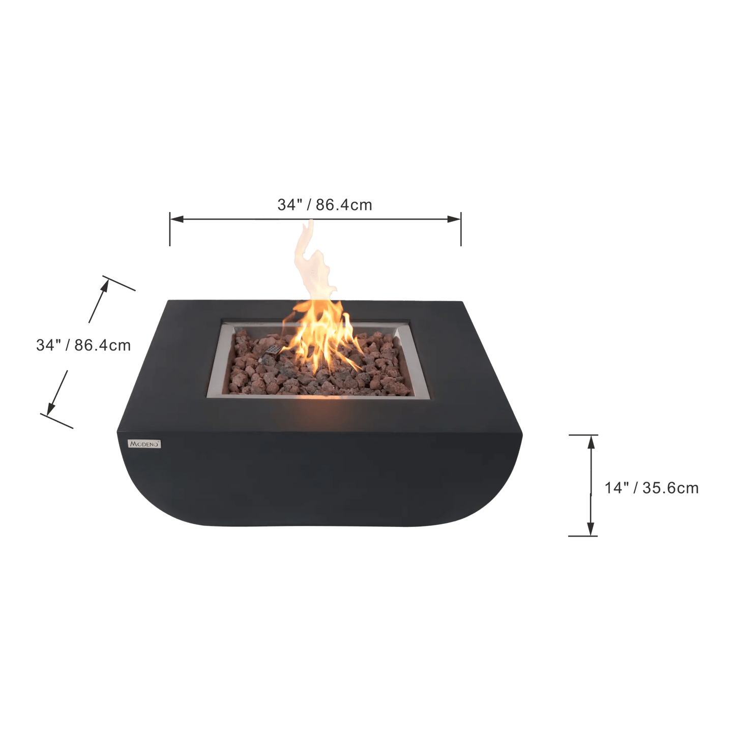 Elementi Modeno Aurora fire table with a modern black square design and glowing orange flames visible from within