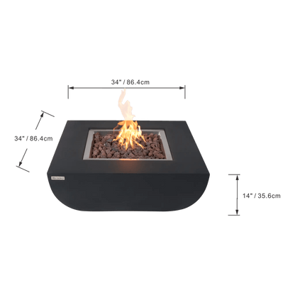 Elementi Modeno Aurora fire table with a modern black square design and glowing orange flames visible from within