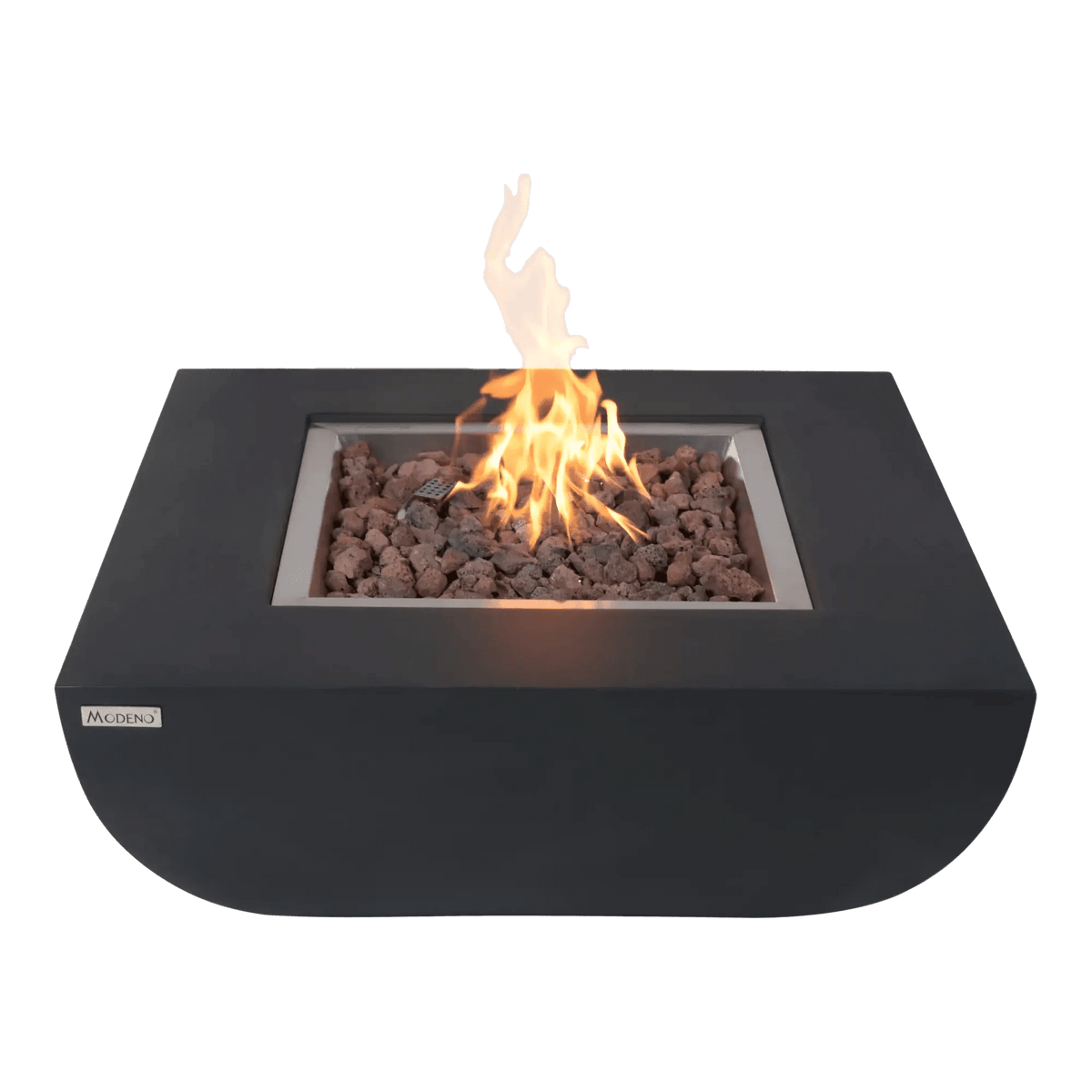 Modern black square Elementi Modeno Aurora fire table with sleek curved base and glowing lava rock flame bed