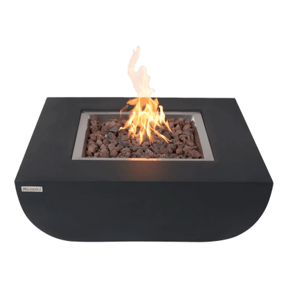 Modern black square Elementi Modeno Aurora fire table with sleek curved base and glowing lava rock flame bed