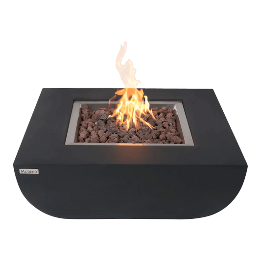 Black macdeno outdoor fire pit Elementi Modeno Aurora Fire Table with rectangular flame recess and dark gray lava rocks
