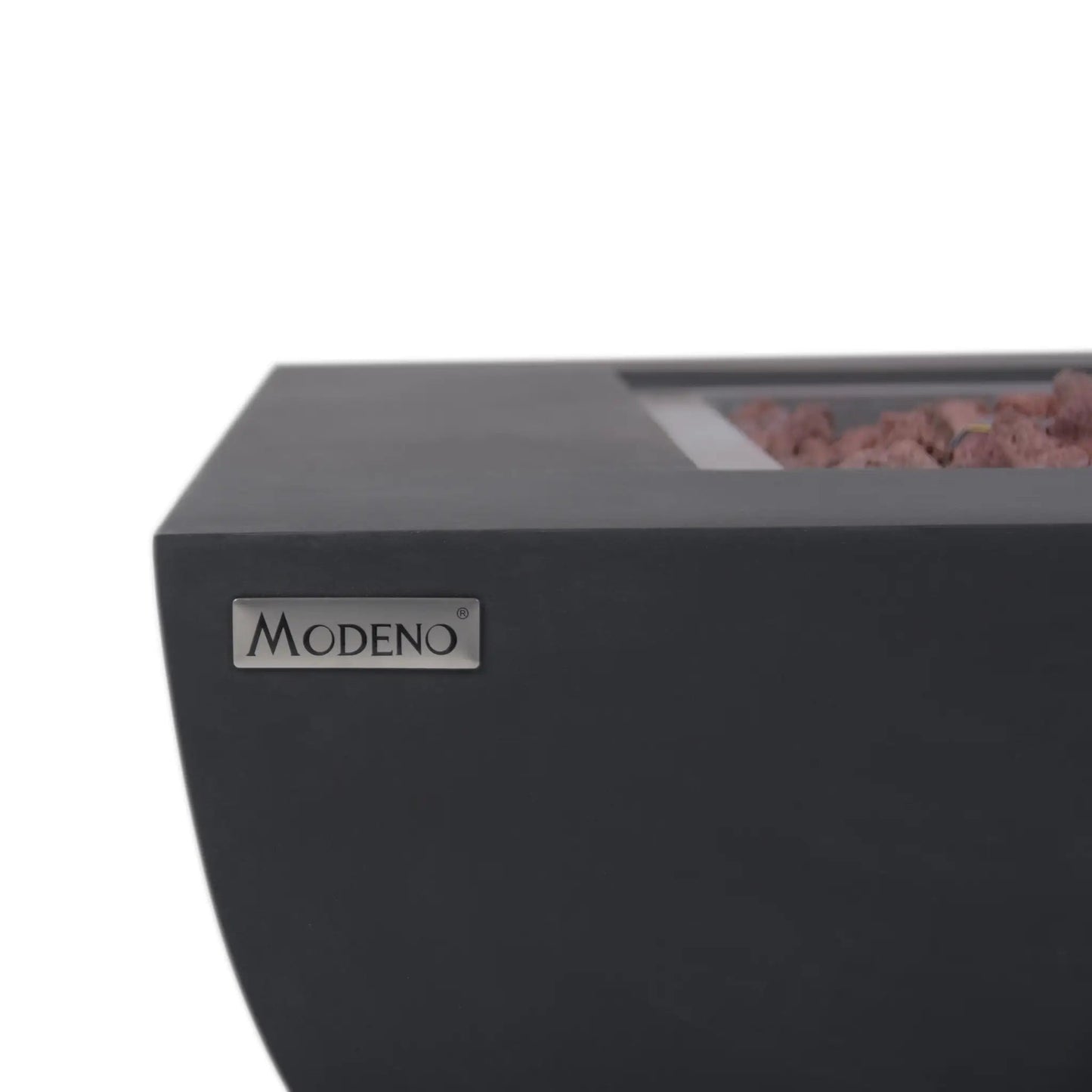 Elementi modeno aurora fire table black modern fire pit with sleek design and pinkish red decorative stones inside