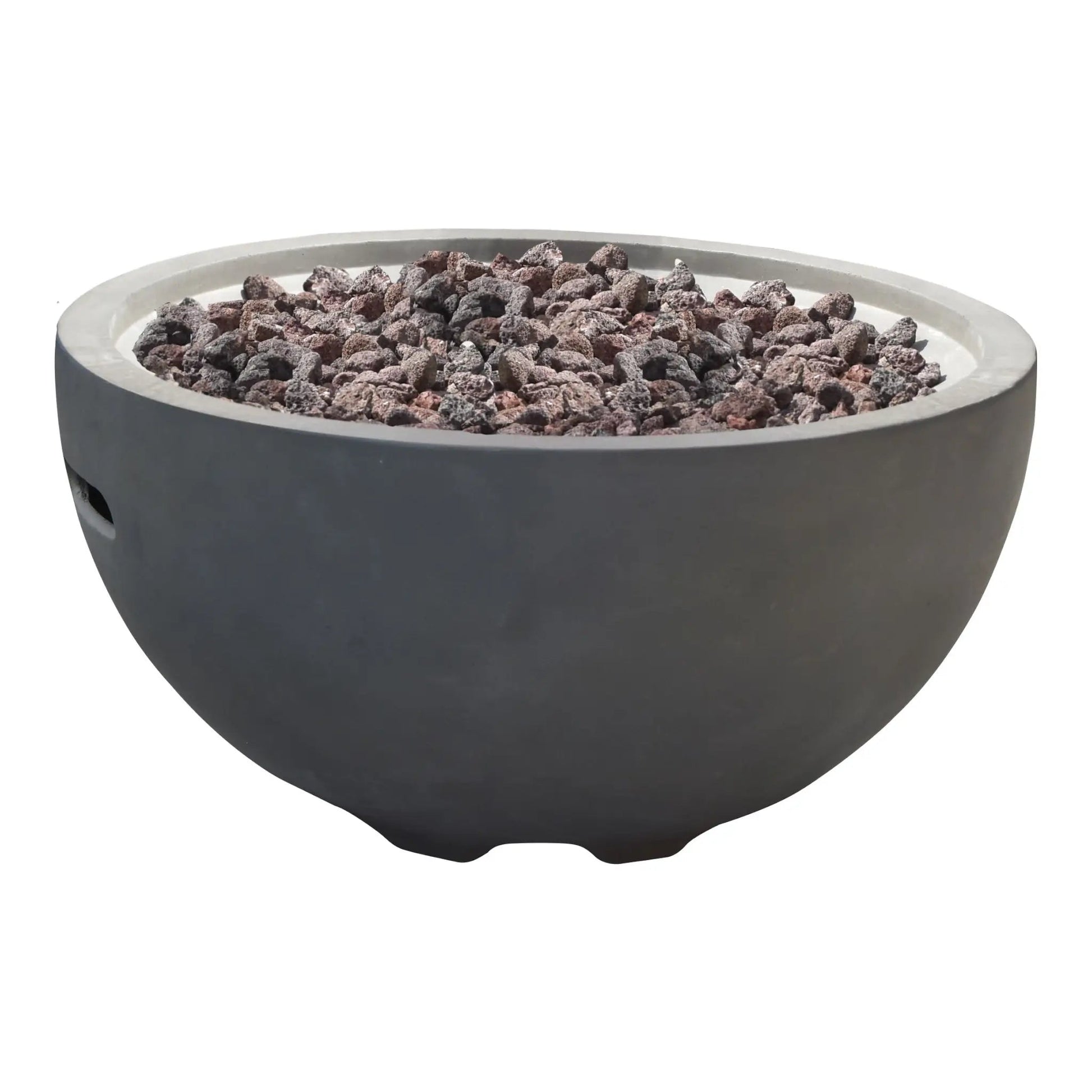Elementi Modeno Nantucket fire bowl 11.7 kW dark gray rounded bowl with dark volcanic rocks for outdoor fire use