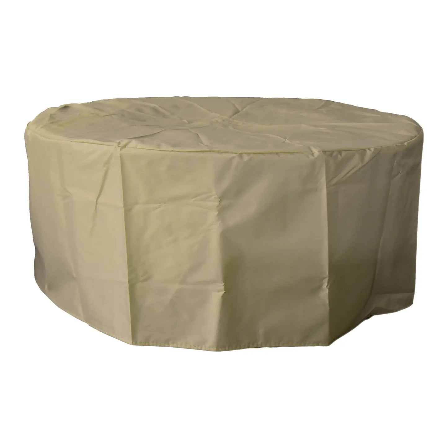 Beige fabric outdoor table cover with protective slightly wrinkled design for elementi modeno nantucket fire bowl