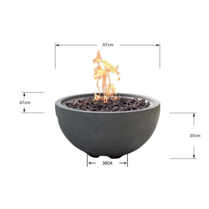 Elementi Modeno Nantucket fire bowl is a dark gray round fire pit with smooth concrete finish and glowing orange flames