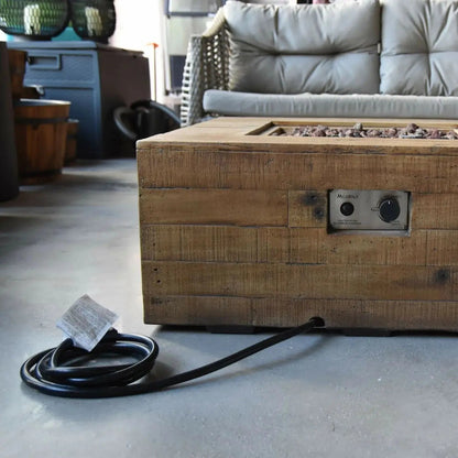 Elementi Modeno Wilton reclaimed wood fire pit table with rustic finish and modern metal control panel, 14.7 kW gas model