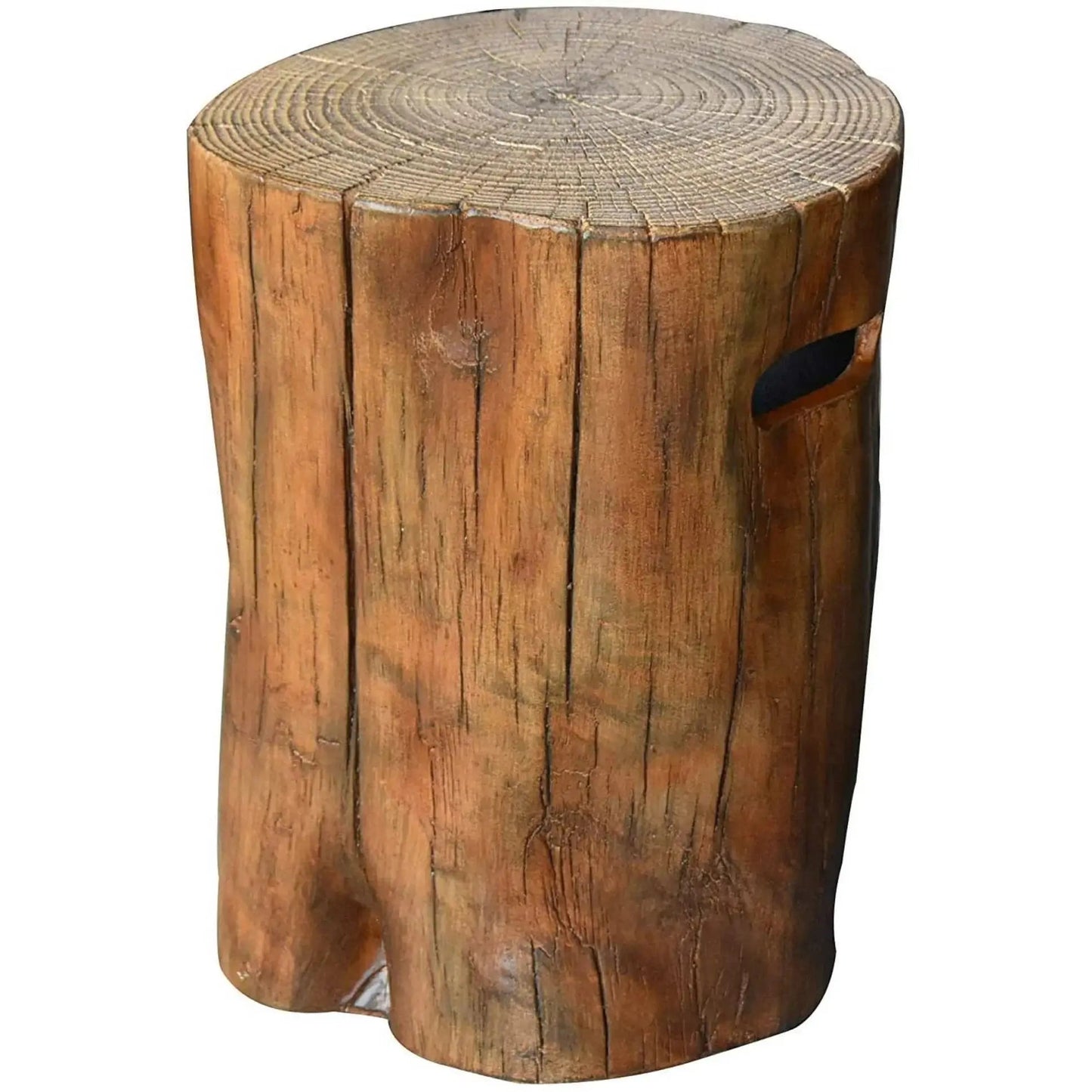 Rustic brown wooden stump stool with natural wood grain finish and cutout handle shown with elementi modeno wilton gas fire pit table
