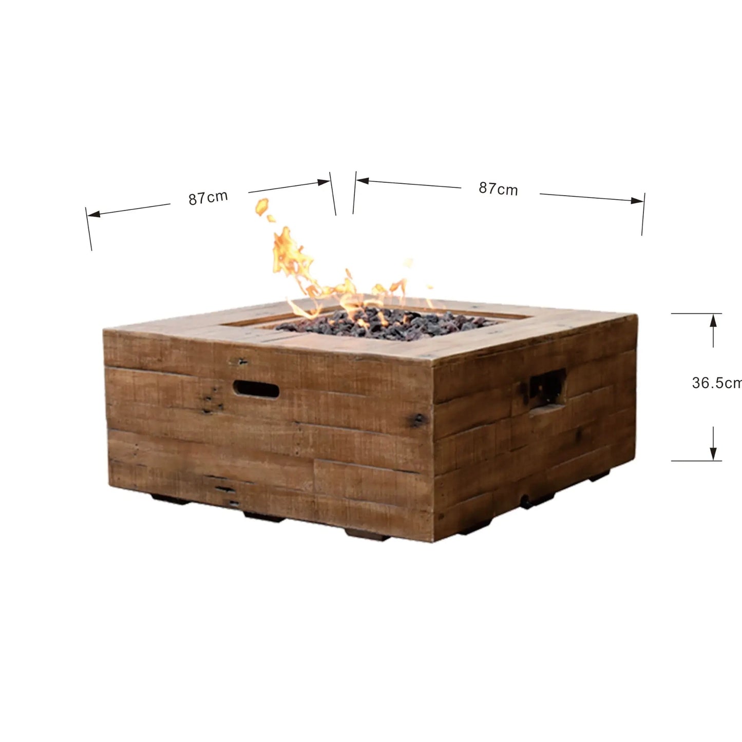 Elementi Modeno Wilton gas fire pit table with rustic square wooden frame and dark gray glass beads inside