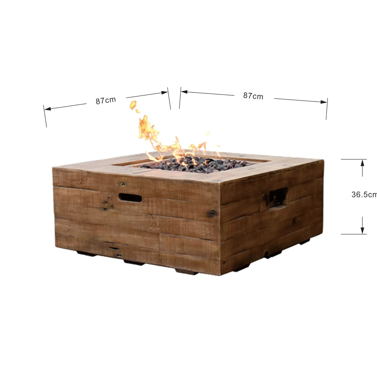 Elementi Modeno Wilton gas fire pit table with rustic square wooden frame and dark gray glass beads inside
