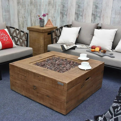 Rustic wooden elementi modeno wilton gas fire pit table with square opening filled with dark brown stones