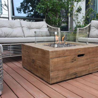 Rustic wooden square fire pit with glass enclosure and metal burner components elementi modeno wilton gas fire pit table