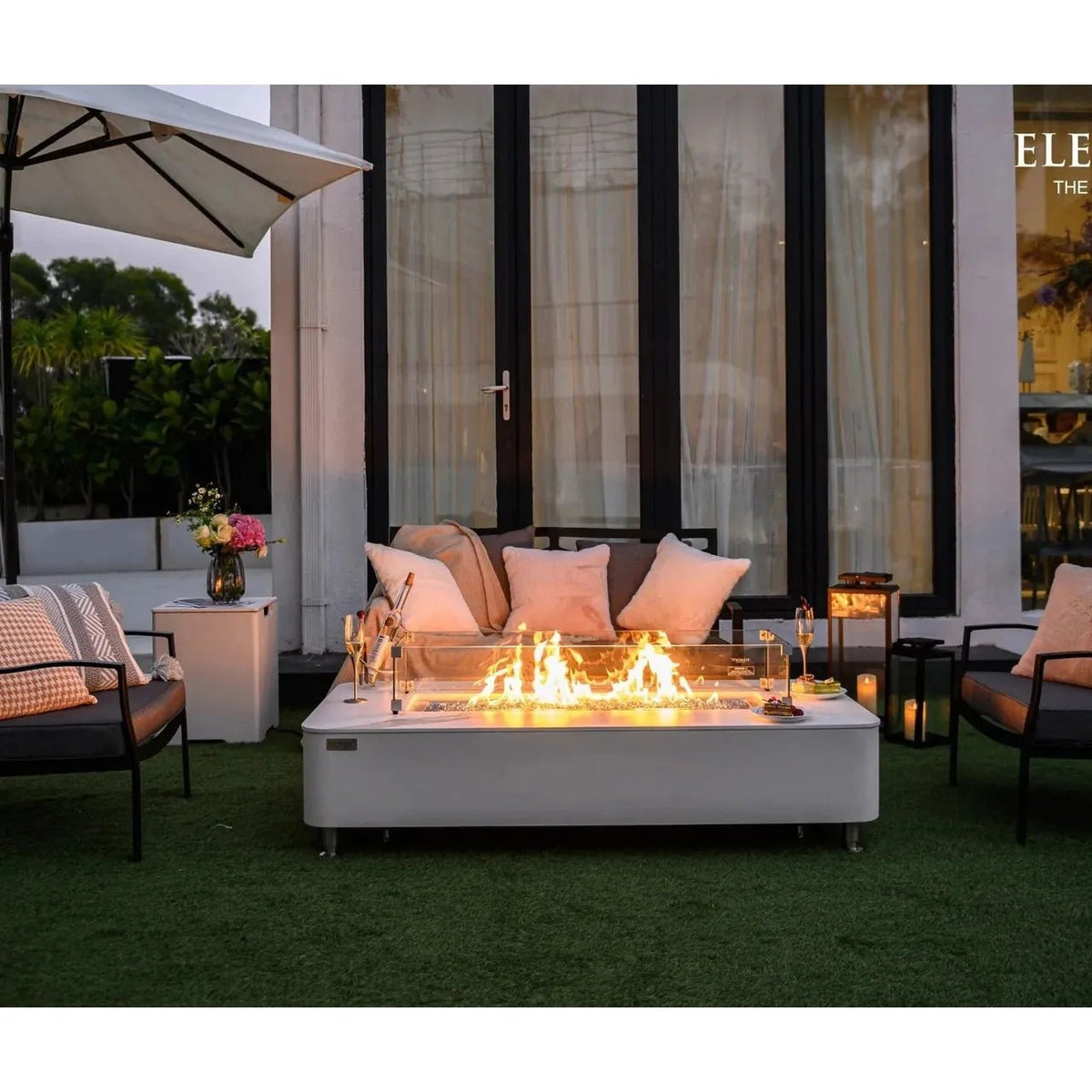 Elementi plus athens fire table white rectangular glass top with glowing flames 16 kW outdoor heating table