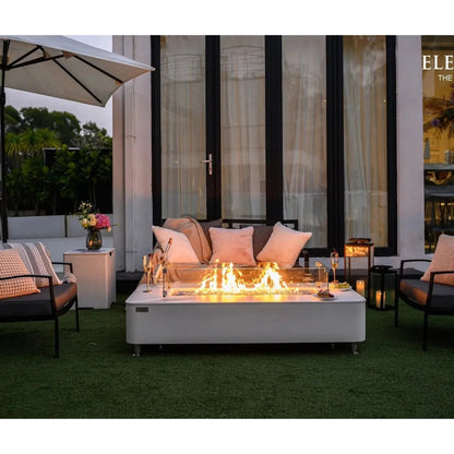 Elementi plus athens fire table white rectangular glass top with glowing flames 16 kW outdoor heating table