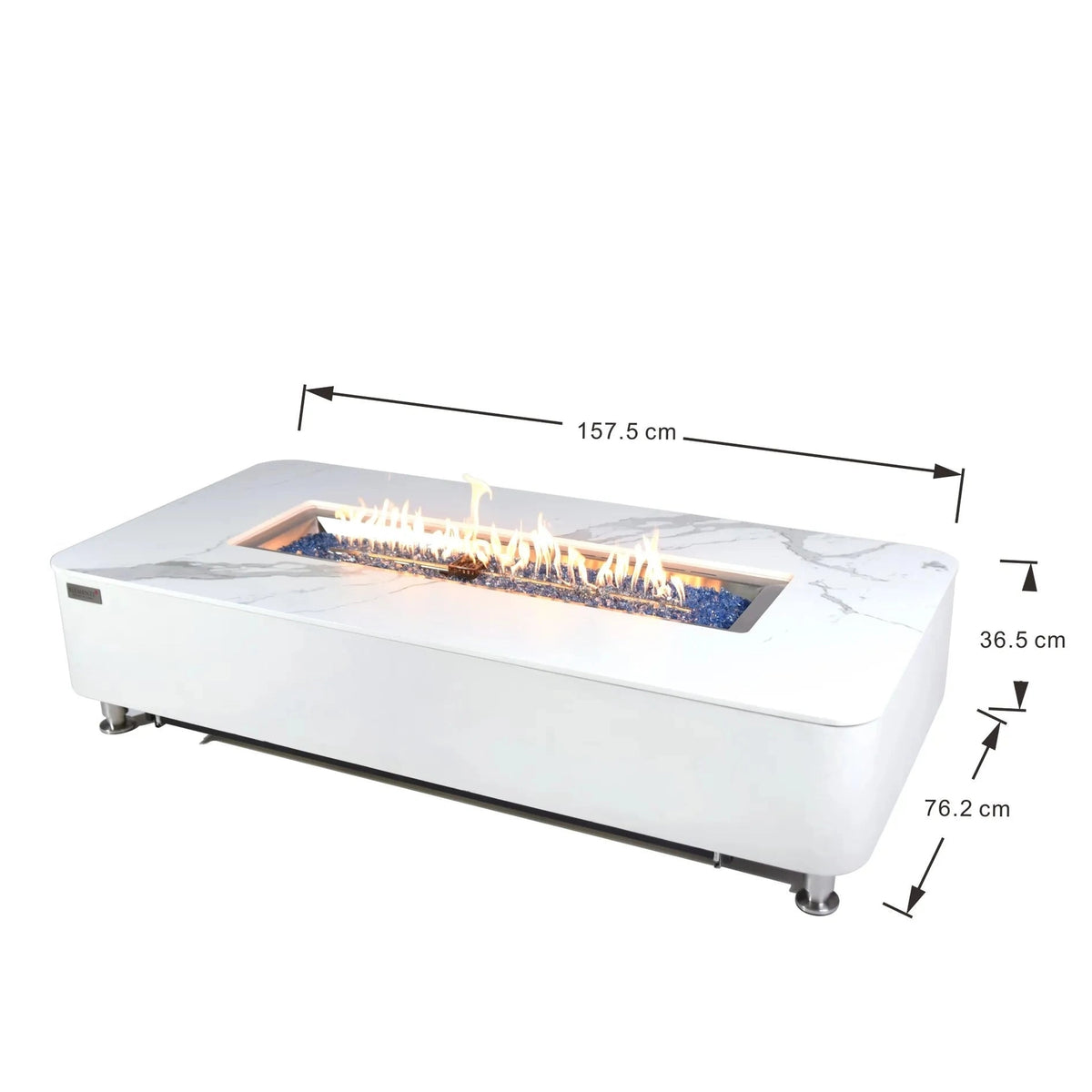 Elementi Plus Athens fire table in white marble effect with blue glass beads and central flame 16 kW OFP102BW