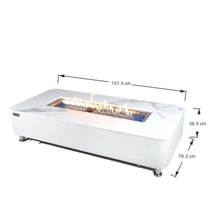 Elementi Plus Athens fire table in white marble effect with blue glass beads and central flame 16 kW OFP102BW