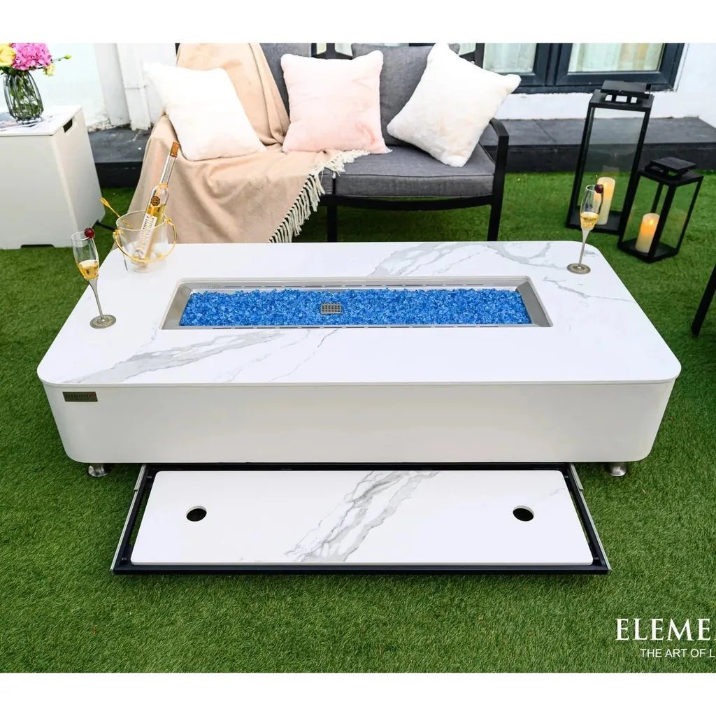 Elementi plus Athens fire table with white marble pattern rectangular blue glass bead insert and matching drawer below