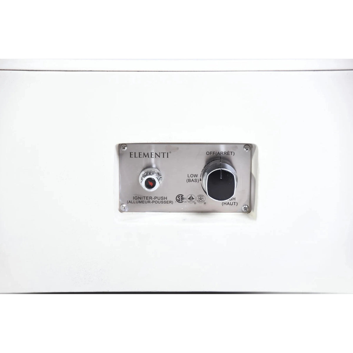 Silver metallic control panel of elementi plus athens fire table with push-button igniter and dual heat knobs