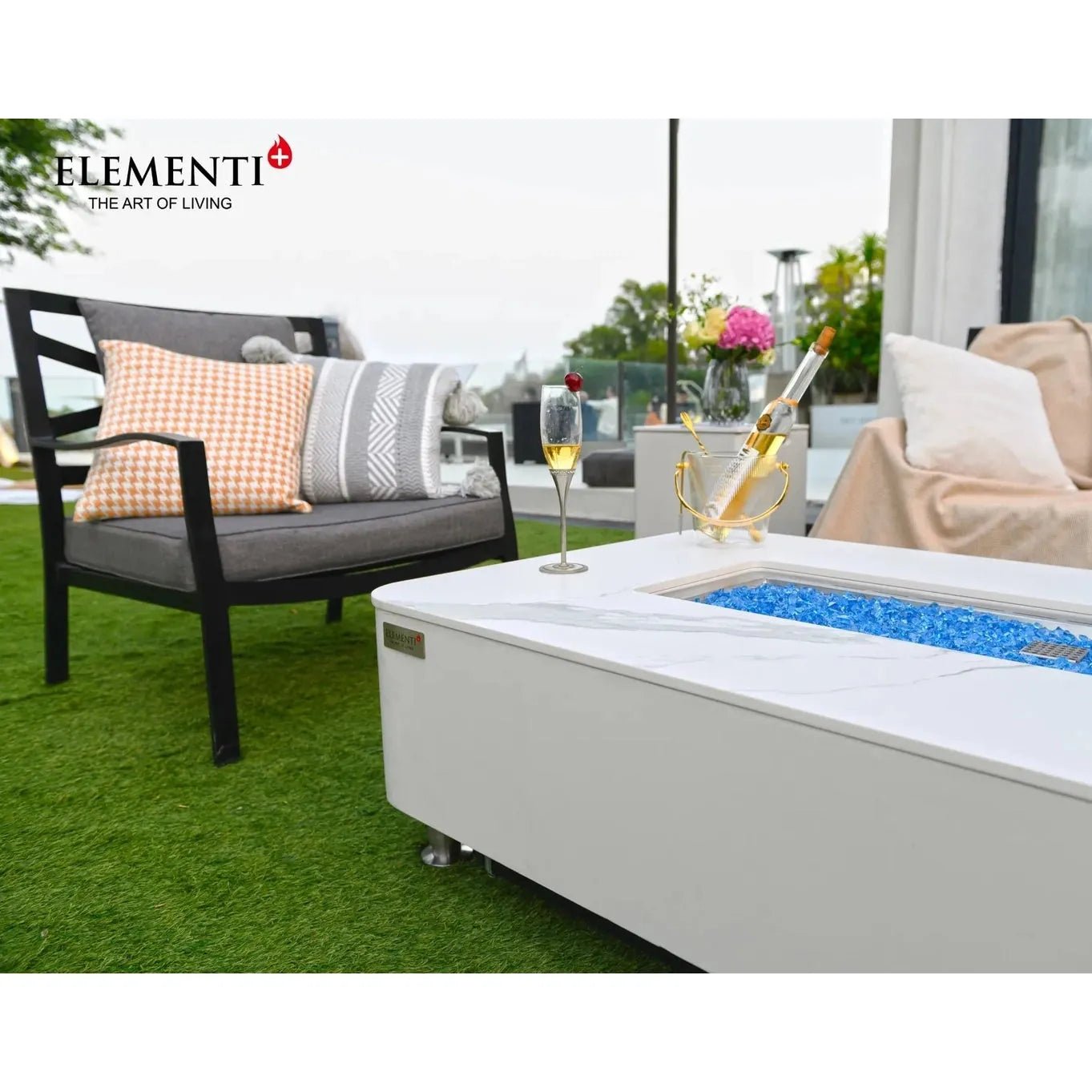 Elementi plus athens fire table with white marble top and blue glass beads 16 kW outdoor fire pit table