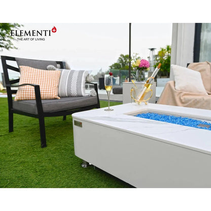 Elementi plus athens fire table with white marble top and blue glass beads 16 kW outdoor fire pit table