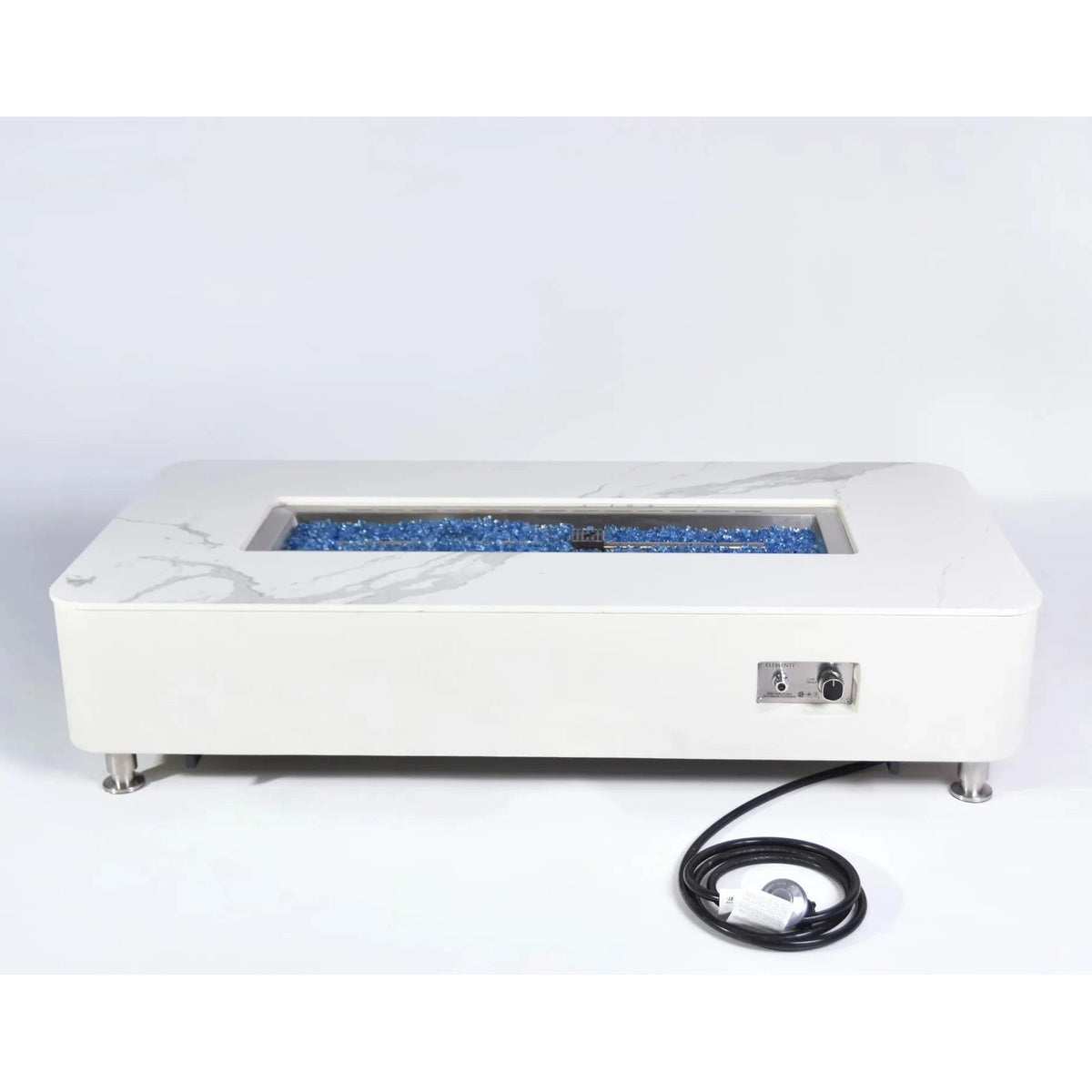 Elementi plus athens fire table with white marble effect rectangular fire pit filled with blue glass beads