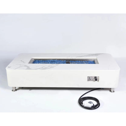 Elementi plus athens fire table with white marble effect rectangular fire pit filled with blue glass beads