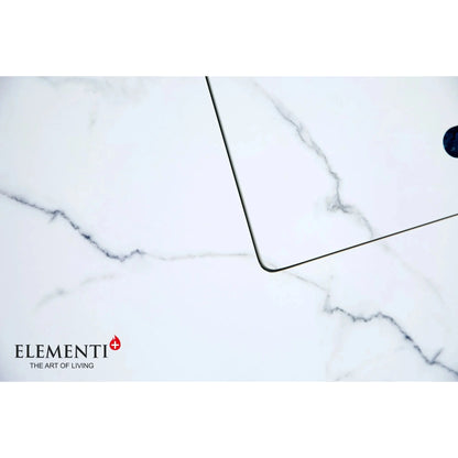 Elementi plus bianco fire table with white marble surface black veining glass edge and dark circular accent