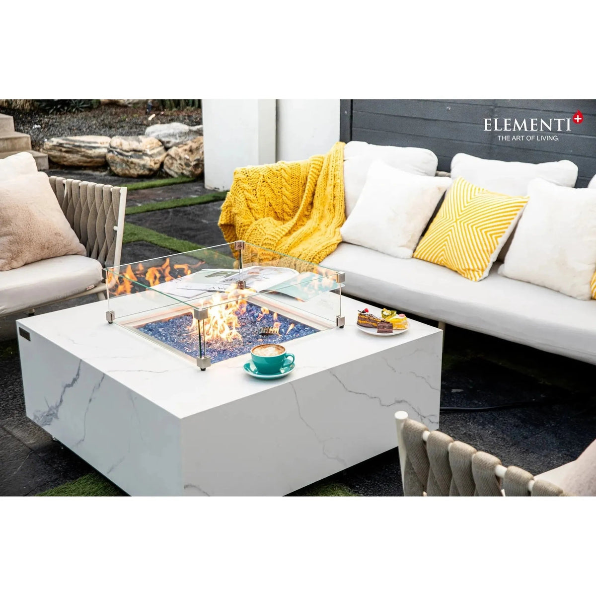 Elementi plus bianco white marble-effect square fire pit table with glass top and blue flameless fuel inserts