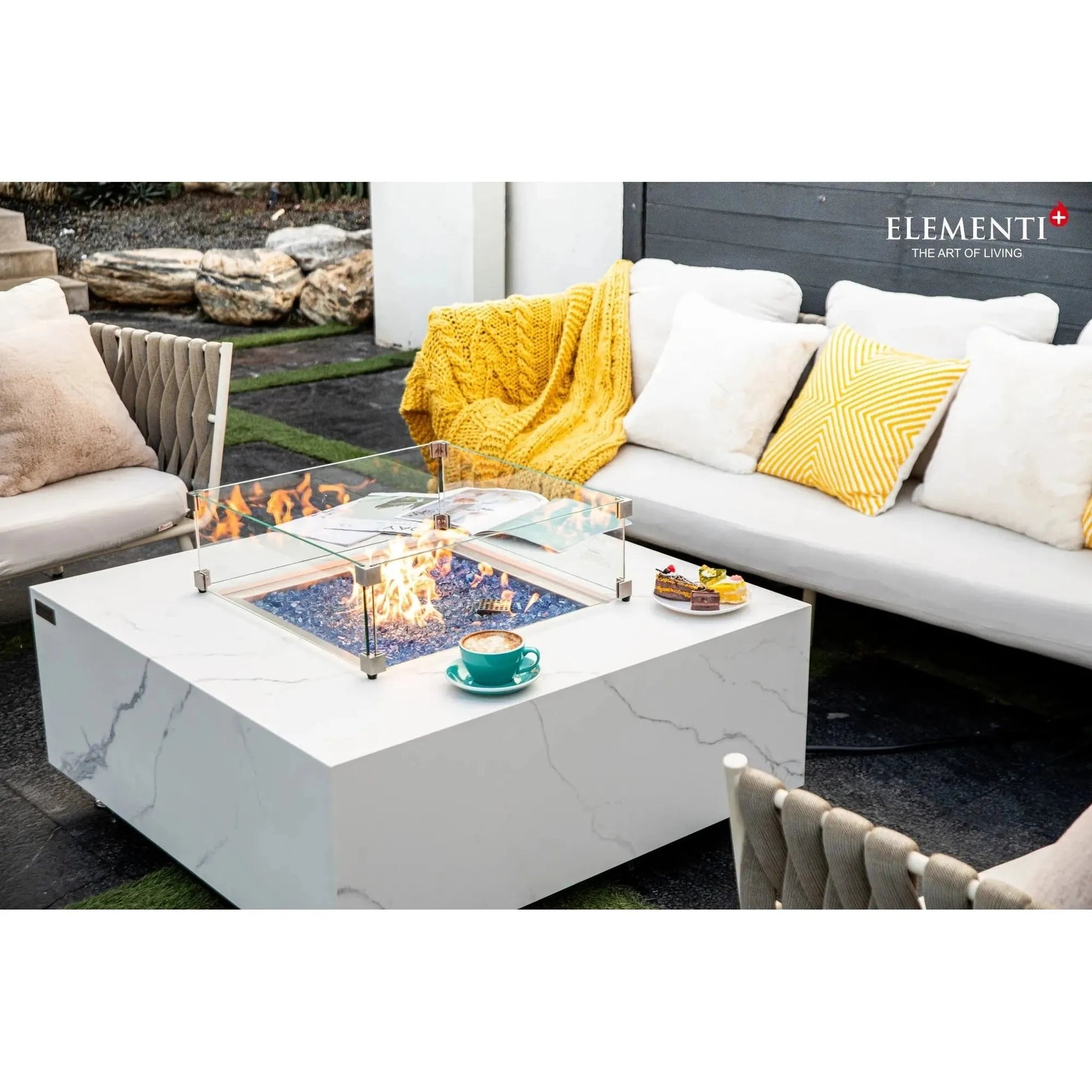 Elementi plus bianco white marble-effect square fire pit table with glass top and blue flameless fuel inserts
