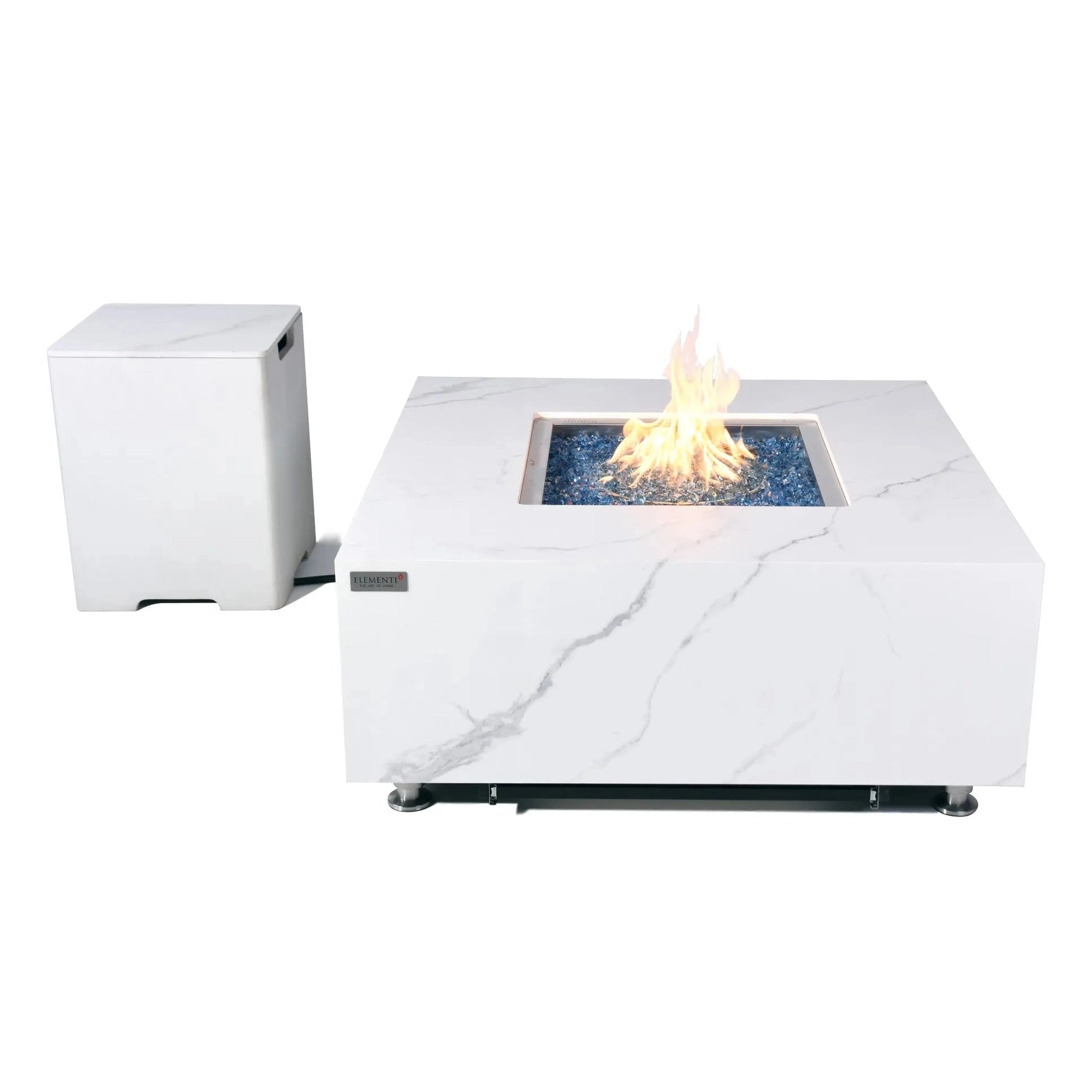 Elementi plus bianco fire table 16 kw white marble patterned square fire pit table with central flame and blue glass beads
