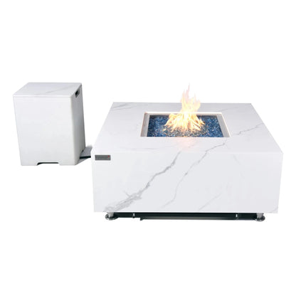 Elementi plus bianco fire table 16 kw white marble patterned square fire pit table with central flame and blue glass beads