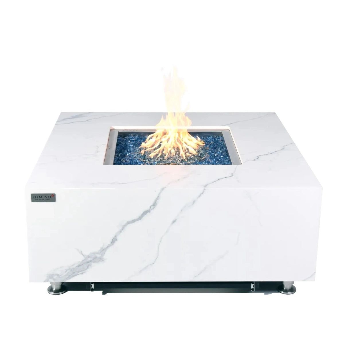 Elementi Plus Bianco fire table in white marble effect with central flame and blue glass beads for outdoor use