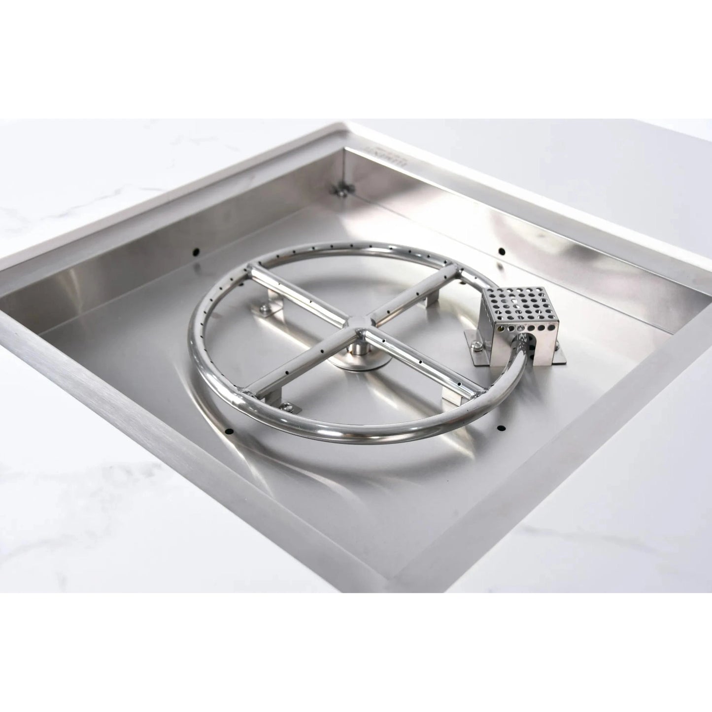 Elementi plus bianco fire table with stainless steel square fire pit burner and circular gas ring with perforated control box