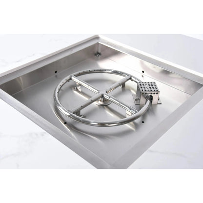 Elementi plus bianco fire table with stainless steel square fire pit burner and circular gas ring with perforated control box
