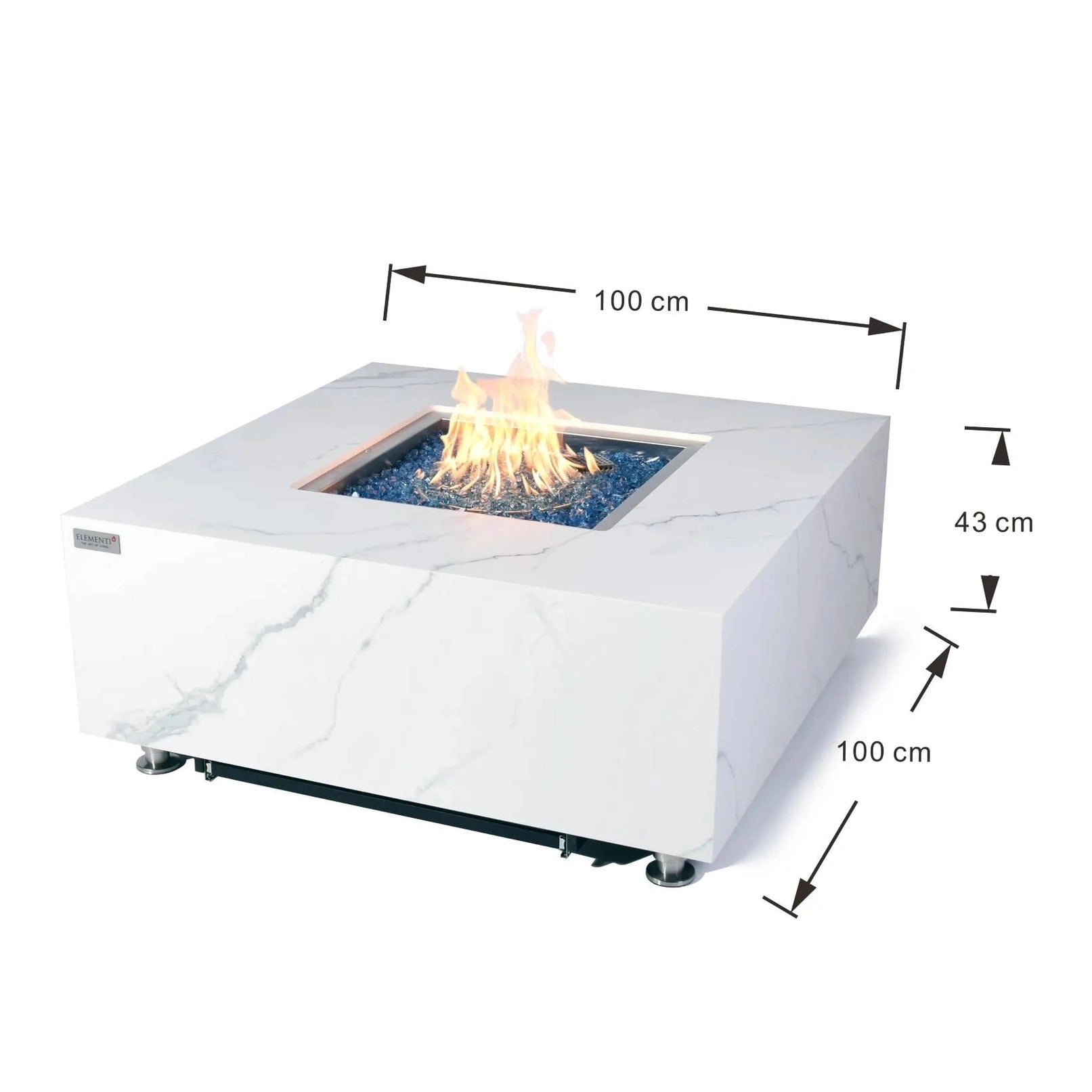 Elementi plus bianco white marble-effect square fire pit table with central flame and blue glass beads 16 kw