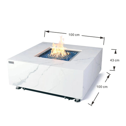 Elementi plus bianco white marble-effect square fire pit table with central flame and blue glass beads 16 kw