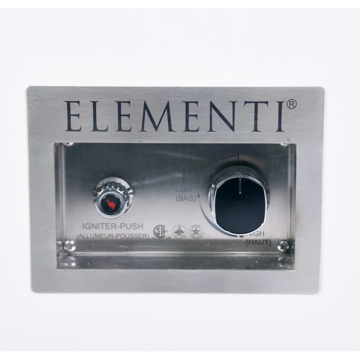 Elementi plus bianco fire table stainless steel gas burner control panel with red igniter button and black flame knob