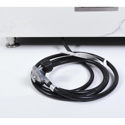 Black gas hose with metallic regulator and black plastic fittings coiled neatly for elementi plus bianco fire table 16 kw