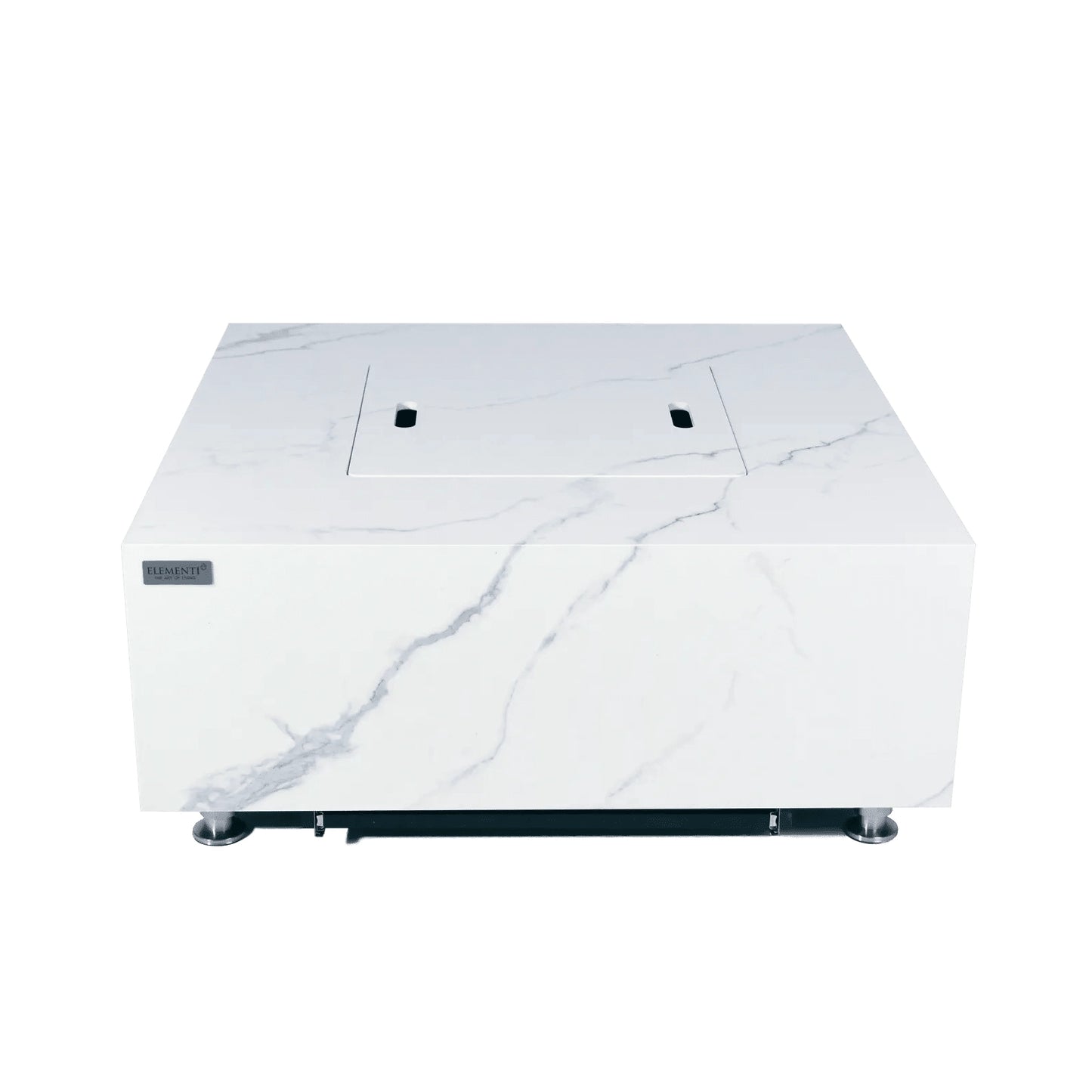 Elementi plus bianco fire table 16 kw fire pit with white marble pattern and sleek metallic legs
