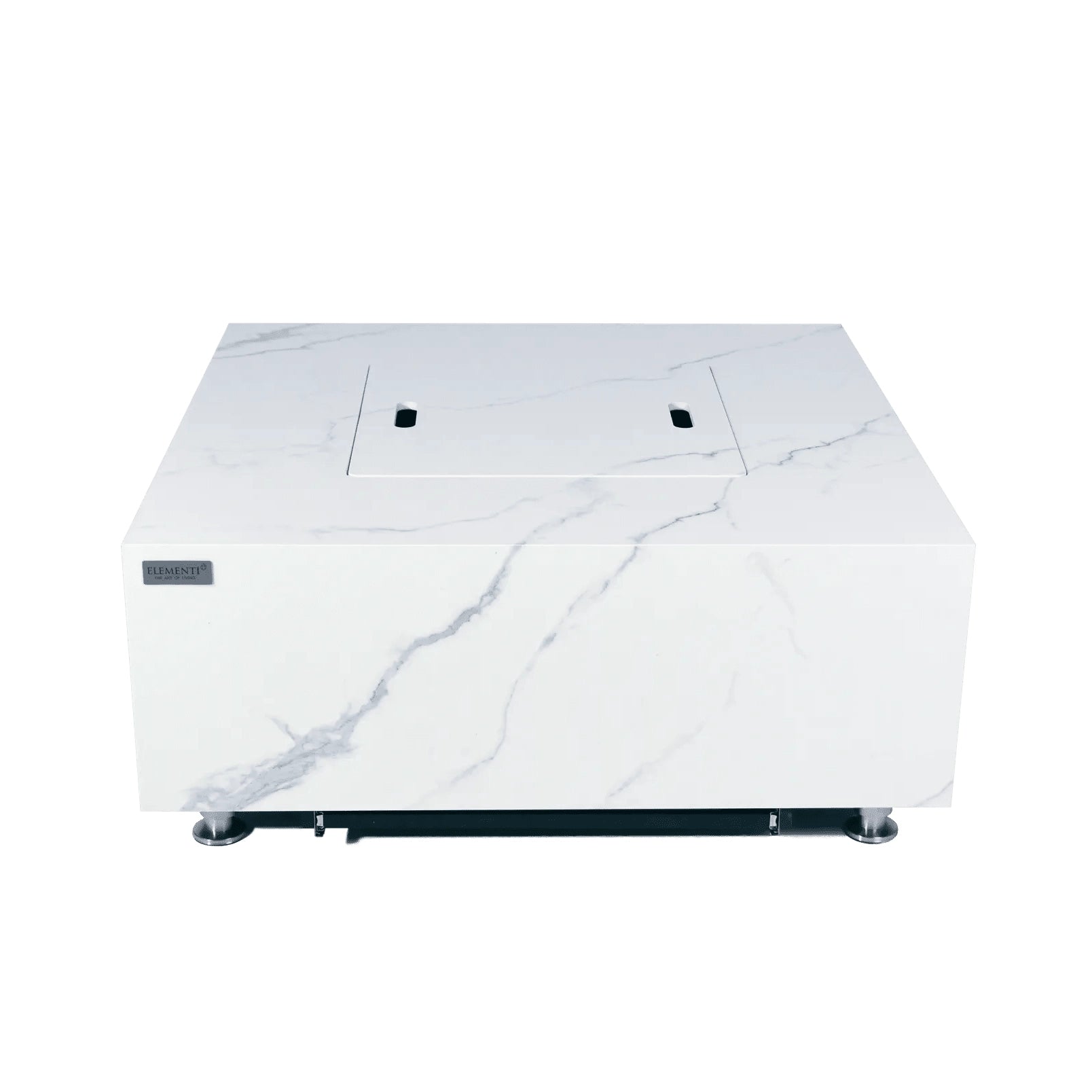 Elementi plus bianco fire table 16 kw fire pit with white marble pattern and sleek metallic legs
