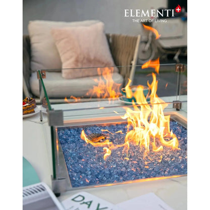 Elementi plus bianco fire table with blue glass fire pit and transparent safety glass panels in metallic frame