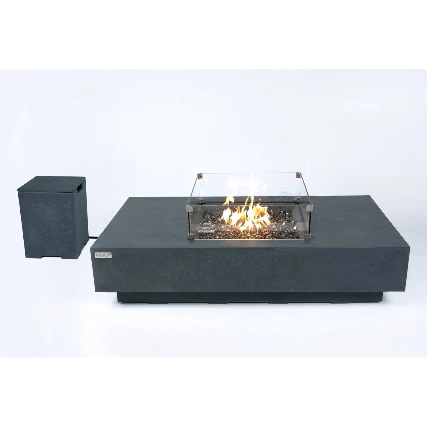 Modern black rectangular Elementi Plus Cannes fire table with glass enclosure and burning flame 16 kW OFG416DG