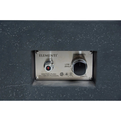 Stainless steel control panel with red push button igniter and black rotary dial on elementi plus cannes fire table 16 kw